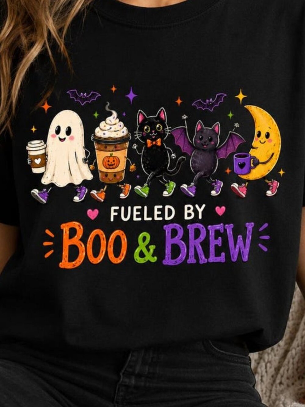 Halloween Coffee Ghost T-Shirt, Spooky Cat Bat Moon Graphic Tee - Picture 2 of 4